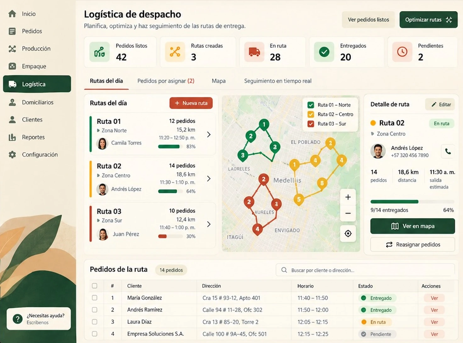 Pantalla real de logística de despacho de Mi Cazzero